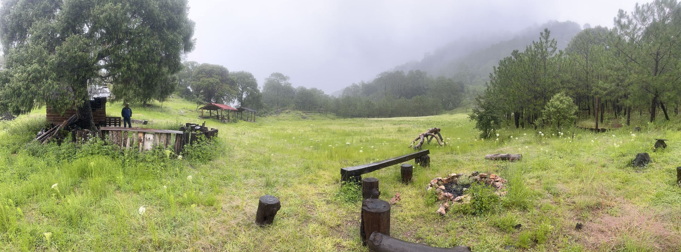 Paisaje rural con estructuras de trabajo y campo abierto entre niebla